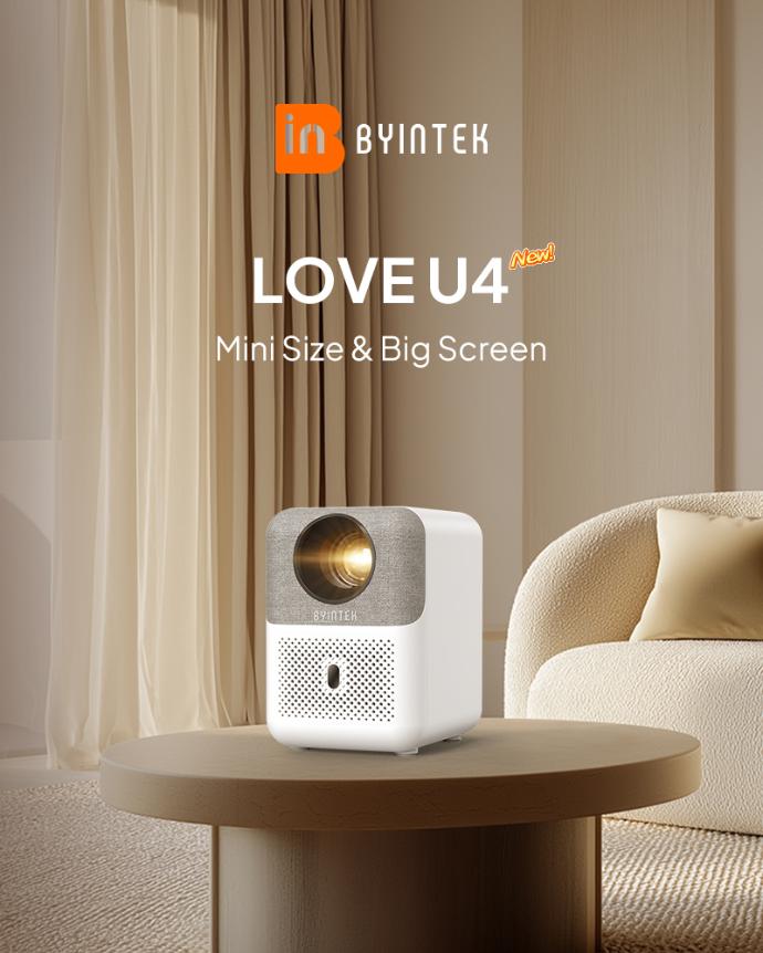 BYINTEK Love U4 mini smart projector on a tabletop for home entertainment with compact design and big screen projection