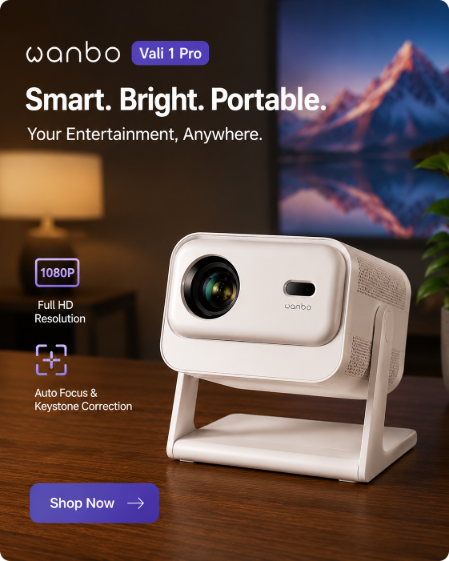 Wanbo Vali 1 Pro smart portable projector on desktop stand featuring Full HD 1080P resolution, auto focus and automatic keystone correction.
